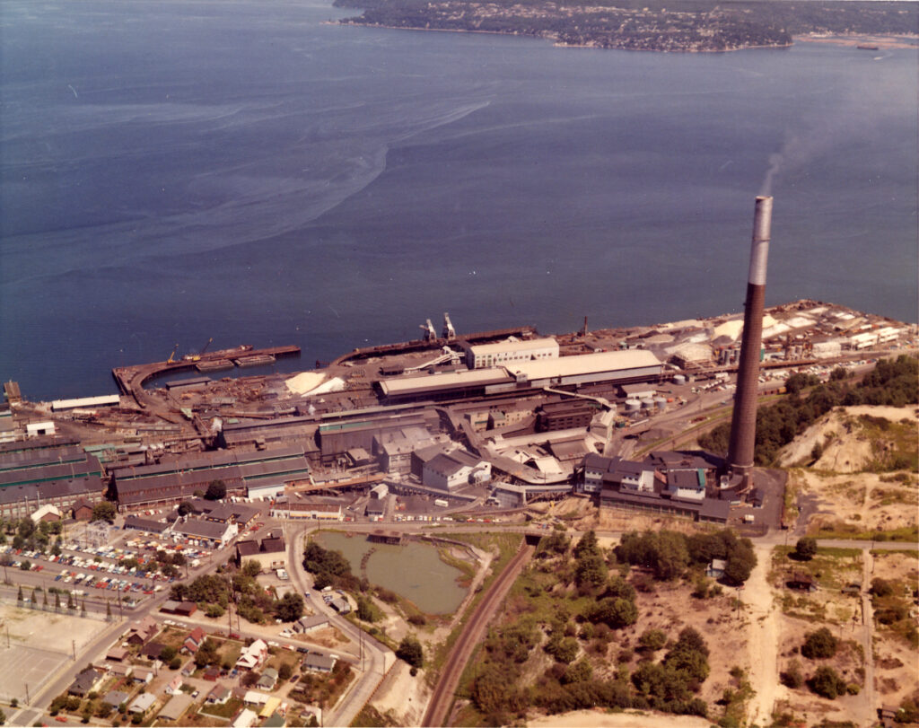 The former Asarco smelter plant and smokestack.